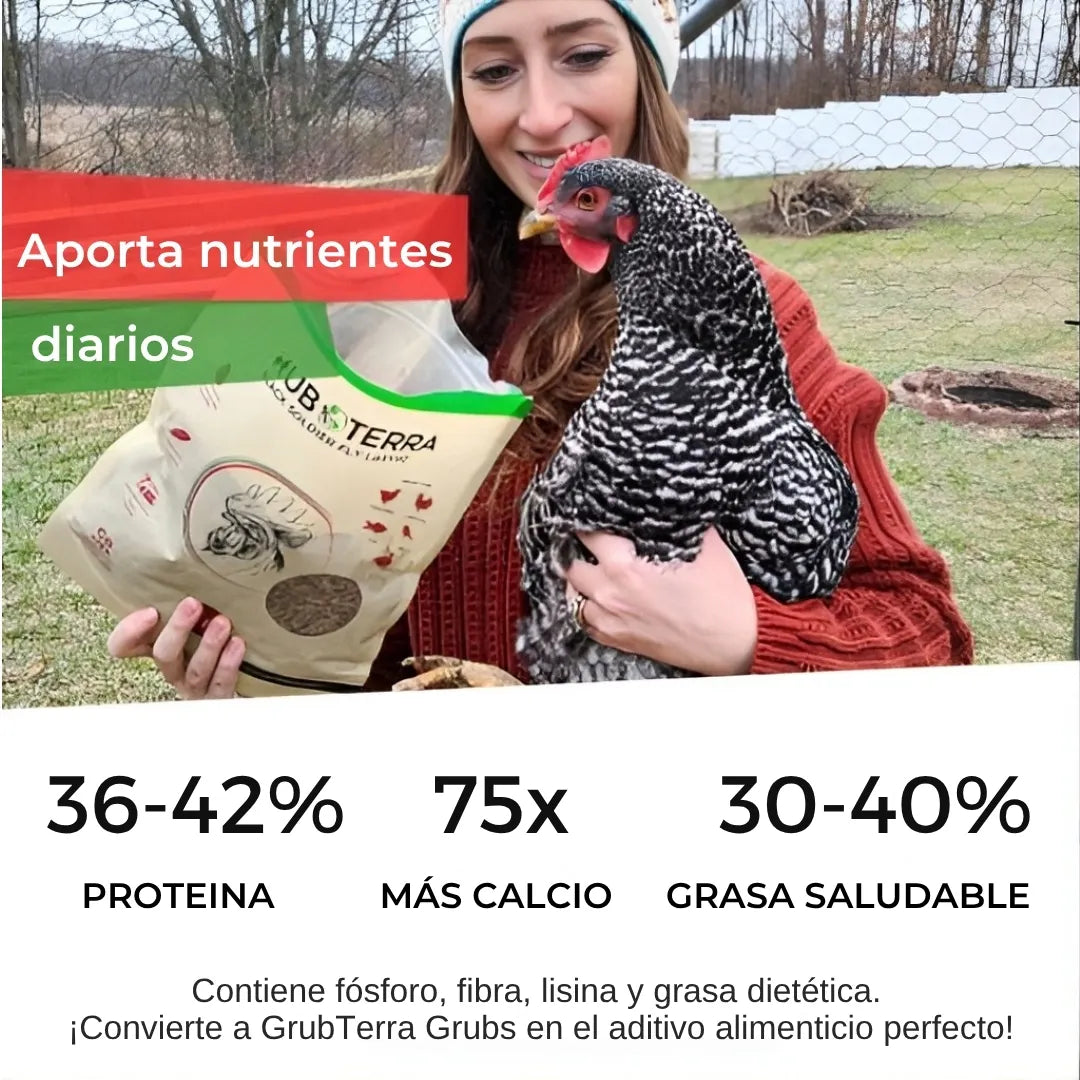 BIO GTERRA® LARVAS DE MOSCA DE SOLDADO NEGRA SUPLEMENTO ALIMENTICIO ALTO EN CALCIO PARA GALLINAS Y ANIMALES DE CORRAL