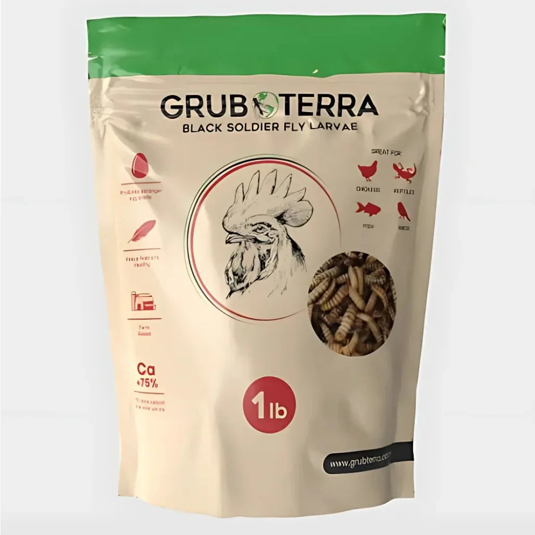 BIO GTERRA® LARVAS DE MOSCA DE SOLDADO NEGRA SUPLEMENTO ALIMENTICIO ALTO EN CALCIO PARA GALLINAS Y ANIMALES DE CORRAL